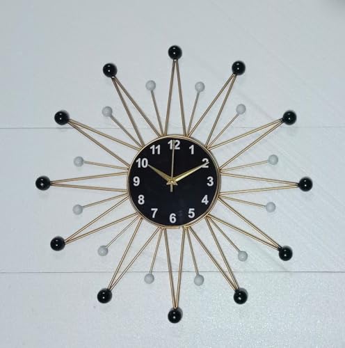 Image of Modern Sunburst Wall Clock, Black and Gold, Metal Frame with Decorative Beads, 20-Inch