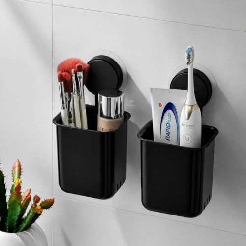 Image of SHALVI Plastic Toothbrush Holders for Bathroom | Wall Mounted Toothbrush Holder | Toothbrush Holders for Toothbrushes | Bathroom Shelf for Wall (2 Toothbrush Holder - Black)