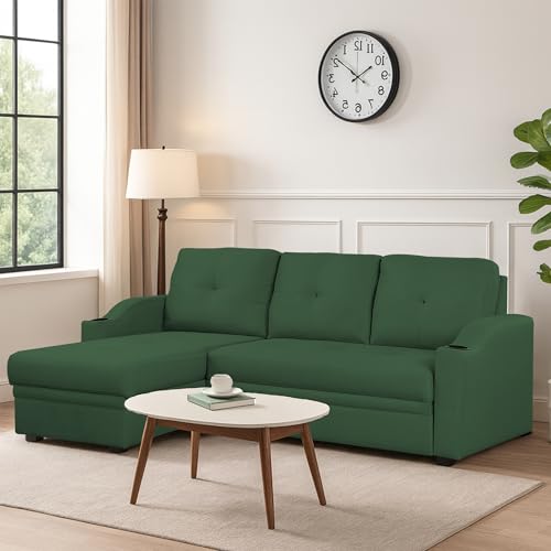 Image of Casaliving Ravonna LHS 4 Seater L Shape Corner Sofa Cum Bed for Living Room (Green Fabric) Premium Fabric Sofa