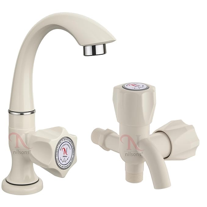Plastic Tap Combo – Swan Neck Pillar Cock & 2-Way Bib Cock for Kitchen, Bathroom & Washing Machine | Dual Outlet Heavy Duty Water Tap Set (2 Pcs, Ivory White)-picture-22