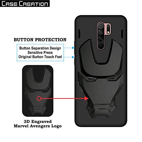 Image of COVERLY Official 3D Touch Feel Trending Real Hero Avenger Logo Mask Soft Rugged Grip Iron Man Super Power Cartoon Movie Silicone Matte Strong Back Cover for Xiaomi Redmi 9 Prime 2020- Black