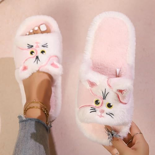 Plush Animal Slippers Soft Women's Cozy Home Shoes Bedroom Cartoon Cute Cat Stylish Open Toe Cotton Slippers2