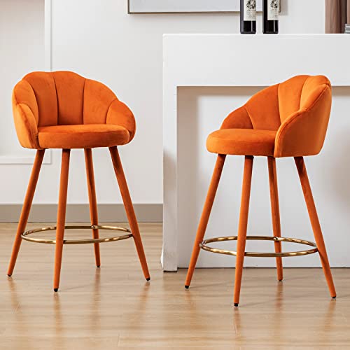 LZAREAL 25.5'' Counter Height Barstools Set of 2 Modern Velvet Upholstered Bar Stools with Petal Back & Golden Footrest for Kitchen Island/Breakfast Bar/Restaurant, Orange