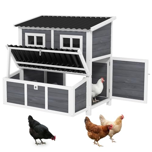 PawHut Wooden Chicken Coop, 39' Chicken House with Nesting Box, Pull-Out Tray, Waterproof Roof, Hen House Outdoor Poultry Cage for 4-6 Chickens, Rabbits, Small Animals, for Backyard, Light Gray