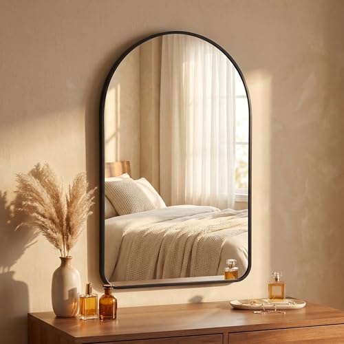 Image of HARRITPURE 26 inchx38 inch Arched Bathroom Mirror, Wall Mounted Mirror, Black Arch Mirror, Aluminum Alloy Frame Wall Mirror for Living Room, Bedroom, Entryway