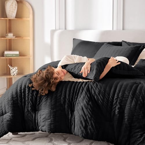 Image of MUXHOMO 7 Pieces Oversized Queen Comforter Set, Seersucker Bed in a Bag Oversized Queen Size, All Season Luxury Bedding Set with Comforter, Flat Sheet, Fitted Sheet, Pillowcases & Shams, Black