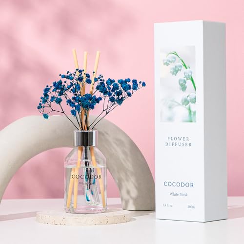 Image of COCODOR Flower Reed Diffuser Set / 3.4oz / White Musk /Scent Diffuser with Sticks Home Fragrance Reed Diffuser for Bathroom Shelf Decor