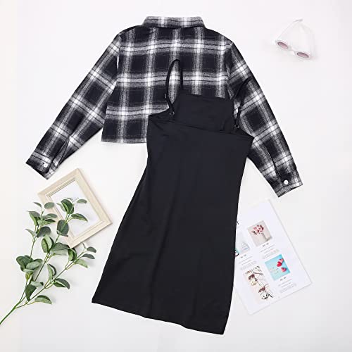 URMAGIC Kids Girl 2 Piece Outfits Teen Girls Sleeveless Bodycon Dress with Crop Jacket Children Plaid Long Sleeve Tops Shirts + Cami Short Dress Set Clothes - Image 7