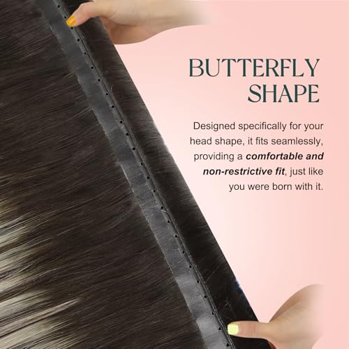 Image of Easyouth 24 Inch 100g Butterfly Weft Hair Extensions Human Hair Balayage, OVO Weft Human Hair Extensions, Ombre Dark Brown to Platinum Blonde with Brown, Long Straight Hair, for All-Day Wear