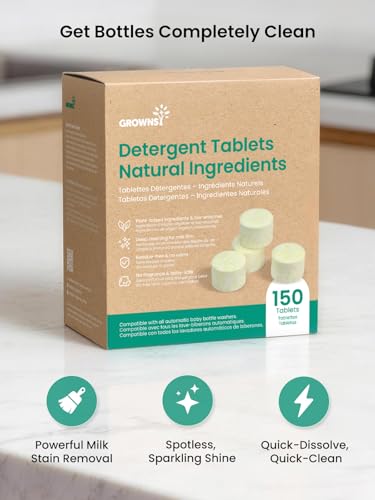 Image of GROWNSY Bottle Washer Detergent Tablets, Plant-Based Enzyme Formula, Removes Milk Residue & Odor, Safe for Baby Bottles & Pump Parts, Compatible with All Bottle Washers, Unscented, 150 Count