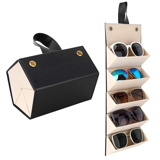 Sunglasses Organizer with 5 Slots, Travel Glasses Case Storage Portable Sunglasses Storage Case Bag Foldable Eyeglasses Holder Box, Eyewear Display Containers for Men & Women (Black)