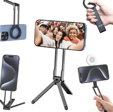 ikBrtaiay Trípode y soporte para teléfono móvil 3 en 1 magnético de aluminio, soporte plegable, soporte rápido MagSafe, mini palo selfie, compatible con iPhone 17 – 12