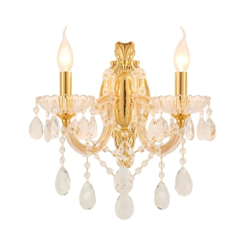 Image of YLONG-ZS Gold Traditional Crystal Wall Sconce, 2-Light Candle Style Vanity Lamp, Ornate Metal Frame with Glass Trim Strips, Hardwired Vintage Fixture for Bathroom Bedroom, E12 Base