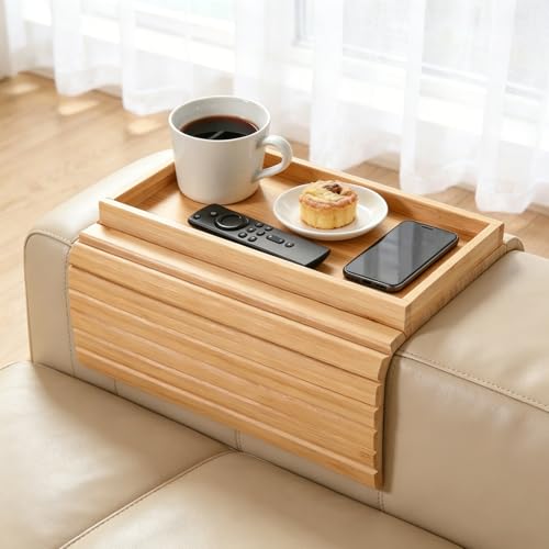 Natural Sofatablett Armlehne Bambus Sofa Tablett Sofa Ablage Faltbares Couch Tablett Armlehne Rutschfestes Sofa Armlehnentablett Sofatablett Tablett für Snacks Telefon Getränke Tasse