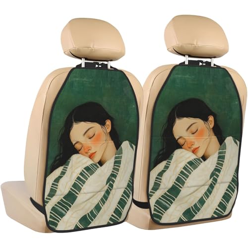 Woman White Green Striped Blanket Car Seat Back Kick Protectors,2 Pack Kick Mats with Storage Pockets for Vehicles to Protect from Dirt Mud Scratches