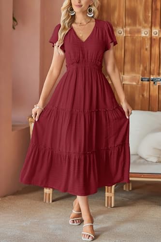 Image of VOTEPRETTY Women's 2026 Summer Boho Maxi Dresses Flutter Short Sleeve V Neck Casual Beach Wedding Guest Vacation Long Dress