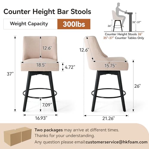 Image of Swivel Counter Height Bar Stools Set of 4, Modern Fabric Swivel Barstools with Contoured Back and Solid Wood Legs, Upholstered Counter Stool Bar Chairs for Kitchen Island, Home Bar, Beige