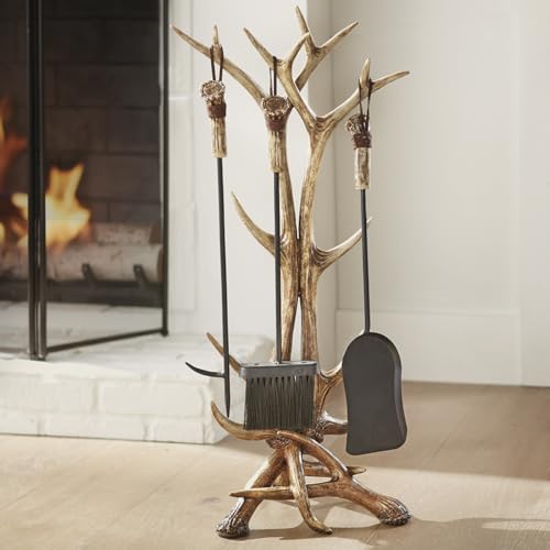 BLACK FOREST DECOR Rustic Antler Fireplace Tool Set – Polyresin & Metal Hearth Tools, Antler Handles, 16' W x 9.5' D x 31' H, Includes Base & Three Tending Tools