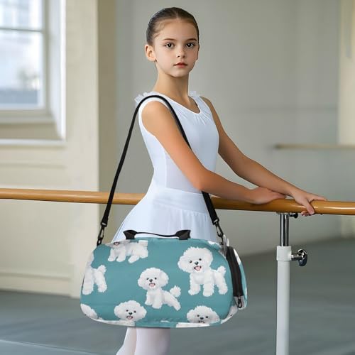 Duffle Bag for Boys or Girls with Shoes Compartment, White Dogs Animal Sports Travel Bag Overnight3