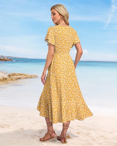 Image of AUSELILY Women Summer Midi Dresses Wrap Short Flutter Sleeve Elegant Dress | High Slit,High-waisted,Ruffled Hem,V-Neck,Fixed-strap Design,Skin-Friendly,Breathability,Wedding Guest Dresses