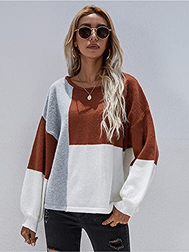 Image of ECOWISH Women Sweater Long Sleeve Color Block Knit Pullover Sweaters Crew Neck Patchwork Casual Loose Jumper Tops