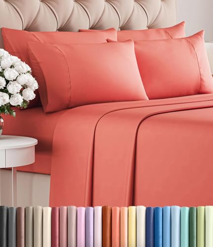 Image of King 6 Piece Bed Sheet Set - Comfy, Breathable & Cooling Sheets - Coral | Ultra Soft Hotel Luxury Bedding Set w / 8-16 Inch Deep Pockets - 1 Flat & 1 Fitted Sheet & 4 Pillowcases - Wrinkle & Fade Free