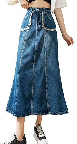 CHARTOU Women's Retro High Waist Long Denim A Line Maxi Skirt with Pockets