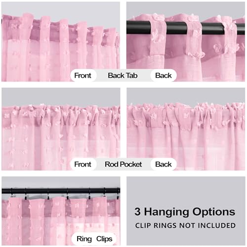 Koufall KF-FGXH-APCL-PINK-52X84 Light Pink Sheer Curtains 2 Panels,Bow Floral Pom Pom Boho Lace Coquette Curtains thumb #2