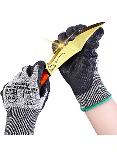 Donfri 1 Pair Cut Resistant Gloves High Performance Level 5 Protection Safety Work Gloves for Men Comfortable PU Coated Palm Cut Proof Gloves Gardening Food Grade Non-slip Machine Washable (Medium)