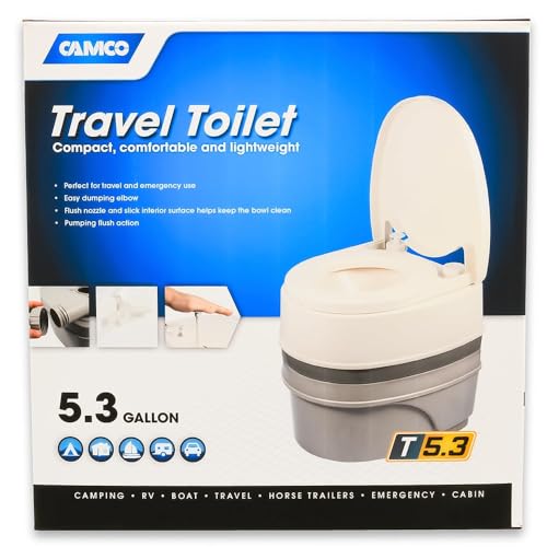 Camco Premium Portable Travel Toilet With Three Directional Flush and Swivel Dumping Elbow | Designed for Camping, RV, Boating And Other Recreational Activities - (5.3 gallon) (41545),White