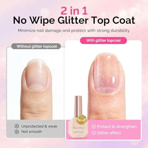 Image of MelodySusie Glitter Gel Top Coat- No Wipe Reflective Iridescent Glitter Top Coat, High Gloss Shine Finish Long Lasting Top Gel Nail Decoration for Home DIY and Nail Salon Gift for Women 0.5fl oz