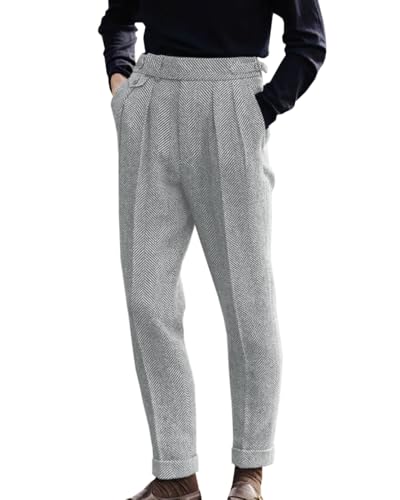 Image of Men's Herringbone Tweed Dress Pants Regular Fit Vintage Wool Trousers
