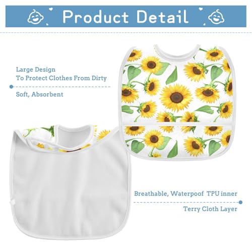 MCHIVER Sunflower Leaf White Baby Bibs for Boy Girl Toddler Waterproof Feeding Bib Apron with Food Cather Adjustable Cotton Food Eating Bib 2 Pack3