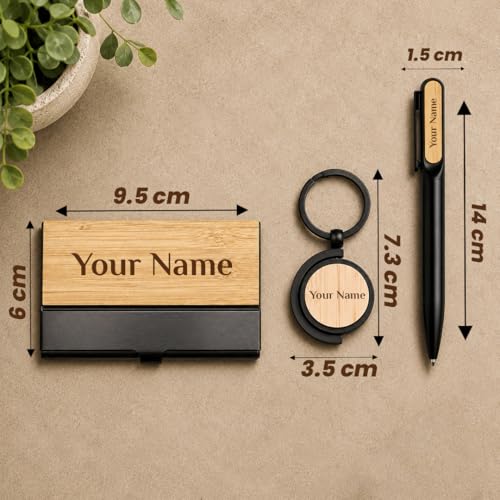Image of Giftana Personalized Dual Side Keychain with Pen and Bamboo Visiting Card Holder Gift Set for Men & Women, Personalised Gifts for Husband, 3 in 1 Corporate Gifts for Employees, Clients,