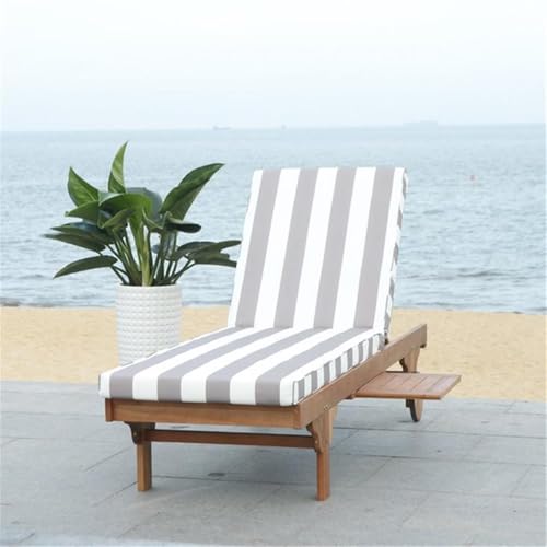 Image of SAFAVIEH Outdoor Collection Newport Natural / Grey & White Stripe Cushion Built-in Side Table Adjustable Chaise Lounge Chair