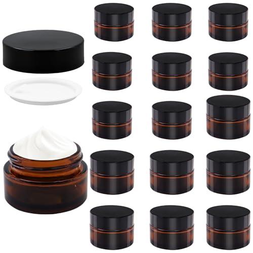 TOKSEO 16 tarros vacíos de cristal ámbar para rellenar 20/30 ml, tarros de cristal marrón, con tapa y forro para cosméticos, cremas y lociones