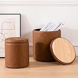 Round Ottoman with Storage Set of 2, 12.6'W x 14.17'H & 14.76'W x 17.32'H Faux Leather Button Tufted Storage Ottoman, Boucle Vanity Stool Footrest Coffee Table for Living Room, Bedroom, Brown