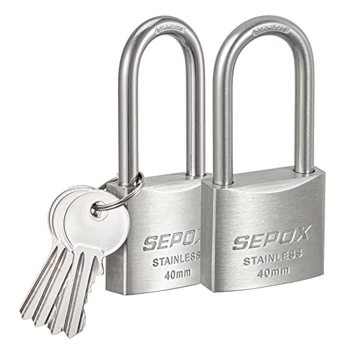 SEPOX Outdoor Padlock with Key Stainless Steel Lock Body and Shackle Waterproof Keyed Pad Lock Heavy Duty Padlock and Key Weatherproof for Gate Chain Shed Boat Marine (40mm Long Shackle*2 SS304)