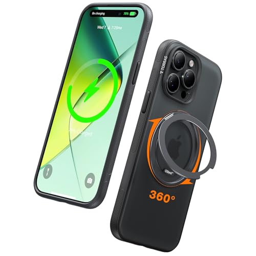 TORRAS 360 Magnetic Stand for iPhone 15 Pro Max Case [Compatible with MagSafe][Military-Grade Protection] Slim, Rotatable Kickstand, Translucent Obsidian Black 6.7
