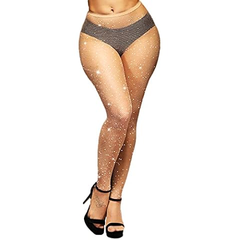 LucyneSwayne Rhinestone Fishnets Stockings Sparkly Tights for Women High Waist Hollow Out Pantyhose 1 Pair Nude Cover