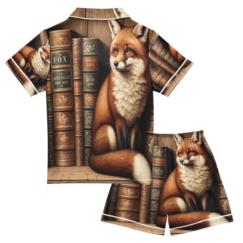ALAZA Fox Stylish Bookshelf Library Satin Pajamas Set Short Sleeve Button Down Sleepwear Summer Pjs 2 Piece2