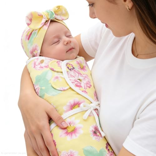 Image of Baby Swaddle Sleep Sack with Hat Set for 0-3 months 3-Pack Soft Cotton Newborn Wearable Swaddle Wrap for Girls Boys (Yellow Set)