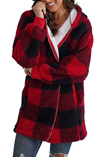 ReachMe Fuzzy Jackets for Women Red Plaid Sherpa Jacket with Pockets Christmas Gifts for Women Fleece Lined Teddy Coat(03 Red Plaid XL)