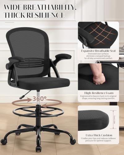 Image of Drafting Chair with Tall Office Chair for Standing Desk | Flip-up Armrests, Adjustable Lumbar Support, Height‑Adjustable Footrest Ring & Seat, Ergonomic Tall Desk Chair