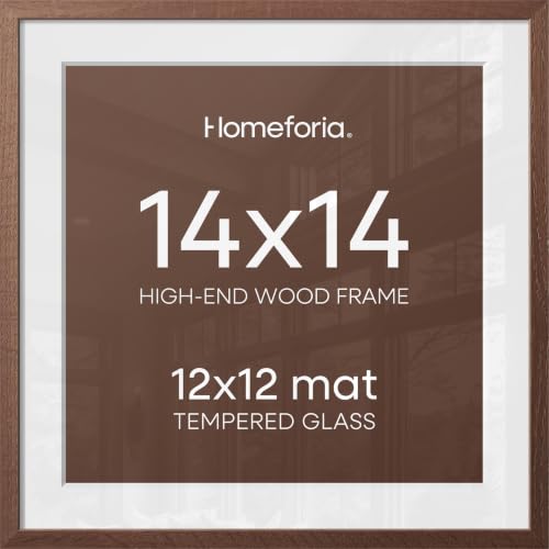 Image of Homeforia 14x14 Picture Frame Brown, High End Dark Oak 14 x 14 Square Wood Frame with Mat 12 x 12 for Photo, 14by14 Wooden Walnut Poster Frame Matted to 12x12 Print, Tempered Glass, Wall Kit, Set of 3