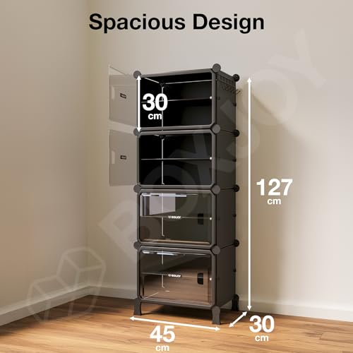 Image of BOXJOY 8 Shelf Black Shoe Rack with 4 Transparent Doors & Steel Holder | Hard PET Plastic Door with Metal Frame & Wooden Hammer, Home Shoes Stand Organiser with Feet to Cover Chappal Sandals Slipper
