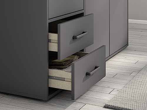 Rauch Möbel Voyager, Kleiderschrank für Schlafzimmer, Kinderzimmer, Babyzimmer, Jugendzimmer, Flur, 4-türig, 4 Schubladen, mit Zubehör Basic, Farbe Grau metallic, Schwarz, Breite 187cm