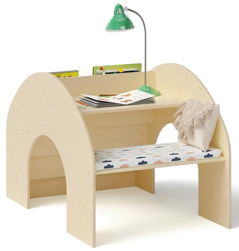Bellabino 'Vily' 2in1 Kinderbücherregal und Schreibtisch, Montessori Regal für Kinder mit 4 Ablagefächern in Natur lackiert, Spielzeug Aufbewahrung mit Lernfläche aus Birke Sperrholz