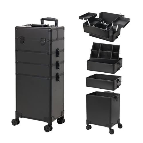 Estojo de maquiagem rolante, estojo de cosmetologia sobre rodas 4 em 1 grande estojo organizador de cosméticos, presente ideal para maquiadores, técnicos de unhas, organizador de beleza portátil para
