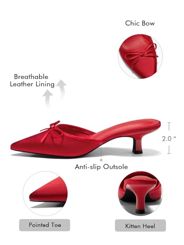 Image of Coutgo Womens Kitten Heels Mules with Bow Satin Slip on Pumps Closed Pointed Toe Dress Wedding Party Shoes